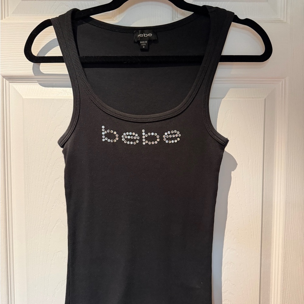 BEBE Black Rhinestone Logo Tank Top